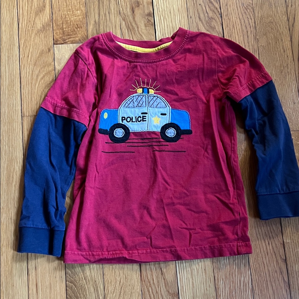 Kids Long Sleeve Tee with Police Car Design - Red and Blue